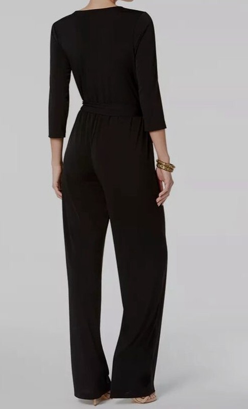 NY Collection 1571 Petites Size PM Black Solid Wide Leg Jumpsuit 2 Pockets