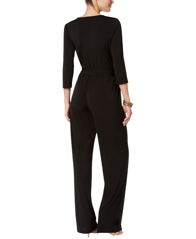 NY Collection Women's Petite 3/4 Sleeve Belted Wide Leg Jumpsuit