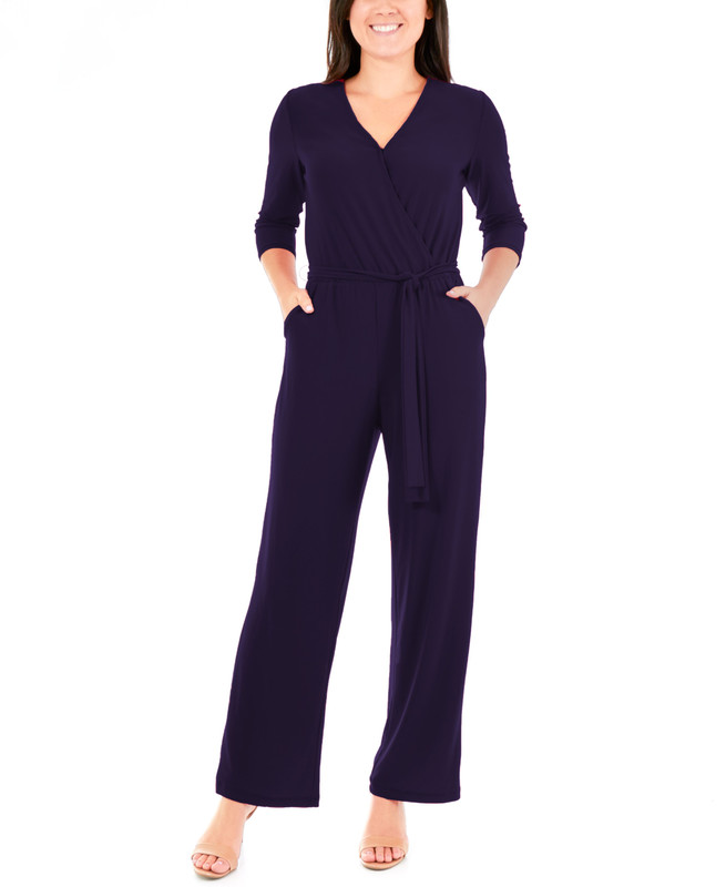 NY Collection Women's Petite 3/4 Sleeve Belted Wide Leg Jumpsuit
