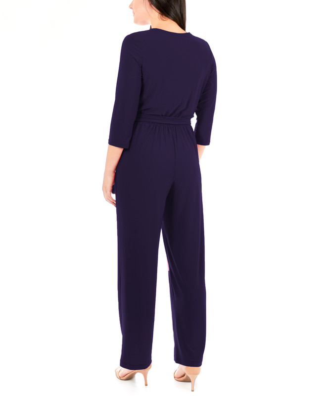 NY Collection Women's Petite 3/4 Sleeve Belted Wide Leg Jumpsuit