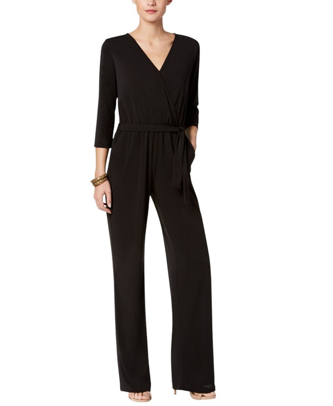 NY Collection Women's Petite 3/4 Sleeve Belted Wide Leg Jumpsuit