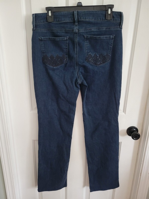 NYDJ Women's Marilyn Darkwash Embellished Pockets Straight Jeans Size 10