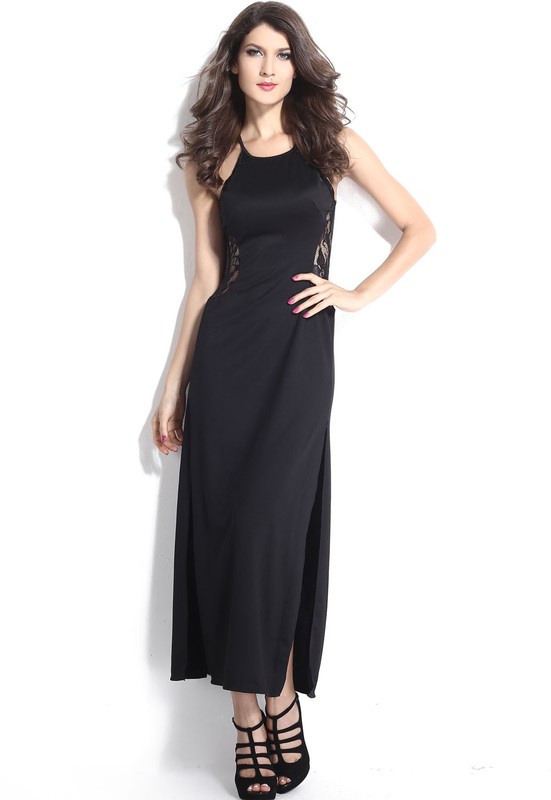 O-Neck Solid Lace Patchwork Splicing Maxi Evening Dress Black