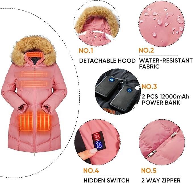 OAOA Innovation Womens Heated Long Jacket Coat With 2 Power Banks Pink - Large