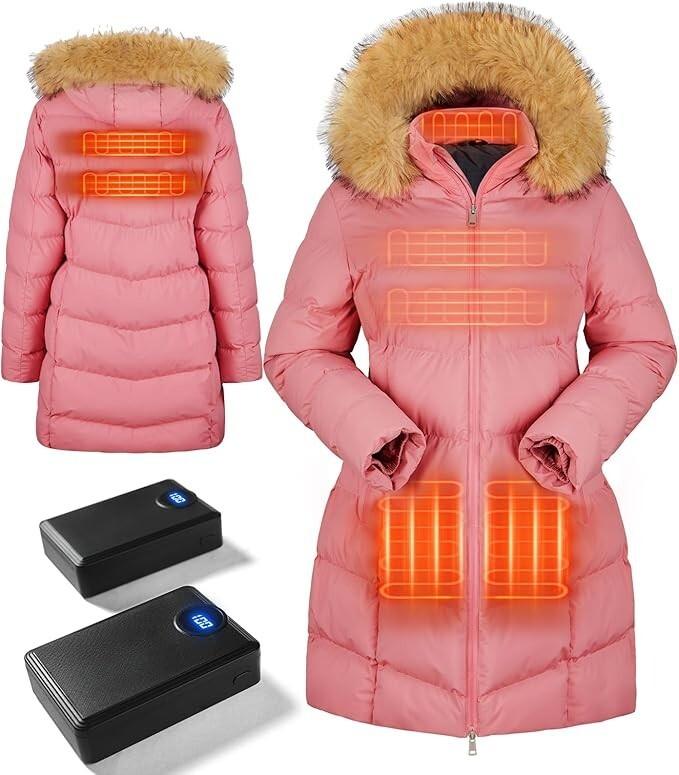 OAOA innovation Womens Heated Long Jacket Coat with 2 Power Banks Pink - Large
