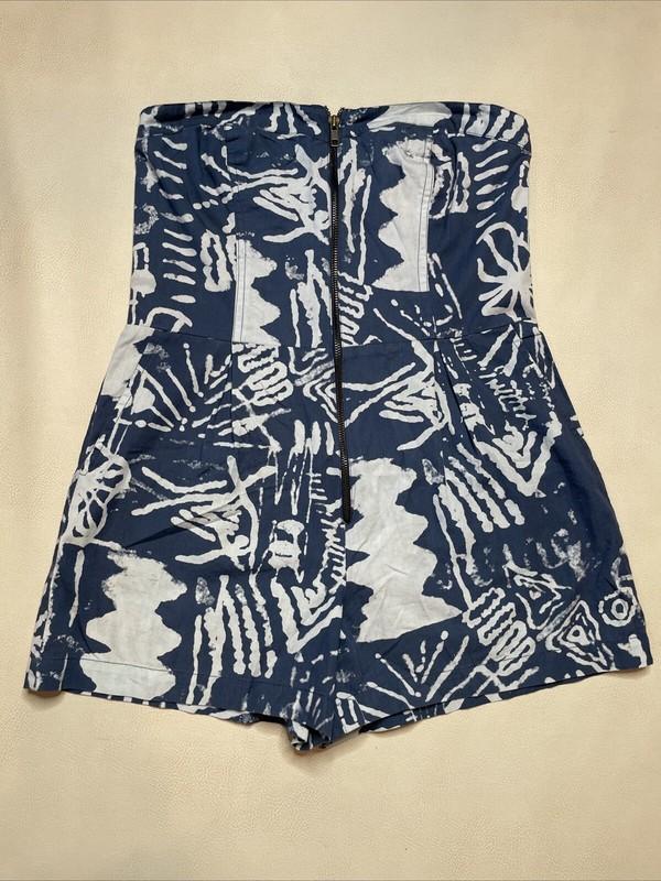 Obey Y2K Strapless Tube Top Romper 28 Navy White Abstract Zip Front Smocked