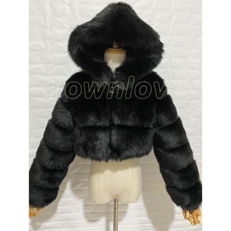 Occident American Style Womens Hooded Short Coat Faux Fox Fur Cropped Outwear Sz