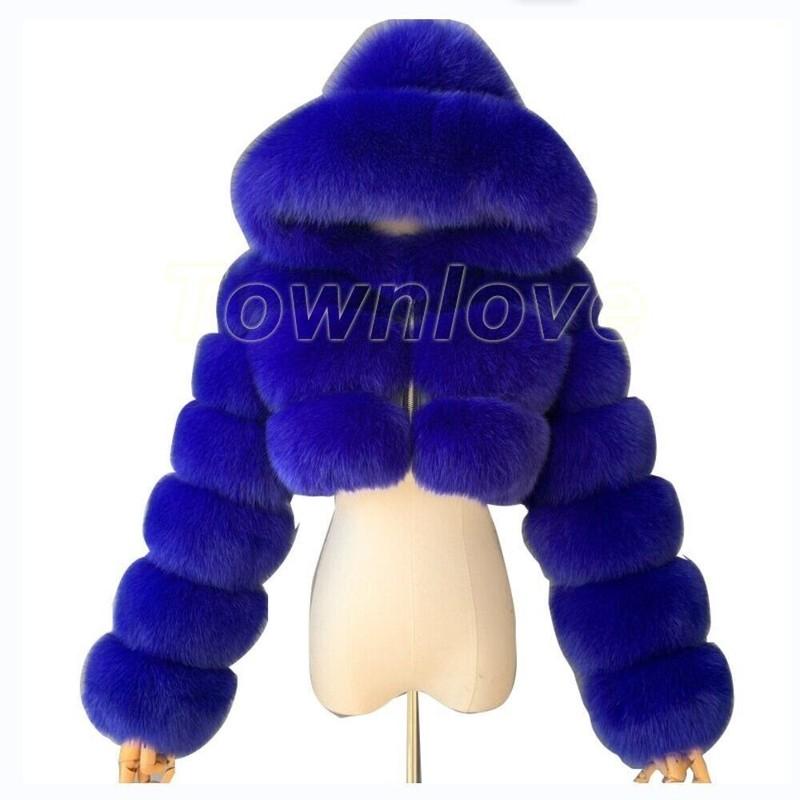 Occident American Style Womens Hooded Short Coat Faux Fox Fur Cropped Outwear Sz