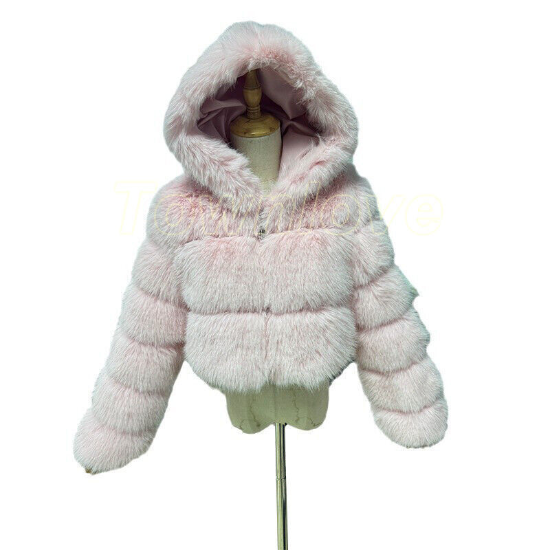 Occident American Style Womens Hooded Short Coat Faux Fox Fur Cropped Outwear Sz