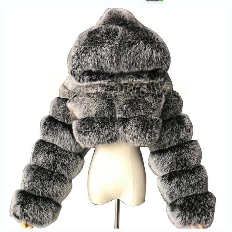 Occident American Style Womens Hooded Short Coat Faux Fox Fur Cropped Outwear Sz