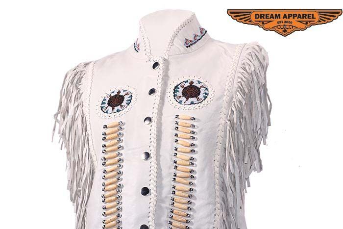 Off White Women's Leather Motorcycle Biker Club Vest With Bones & Beads