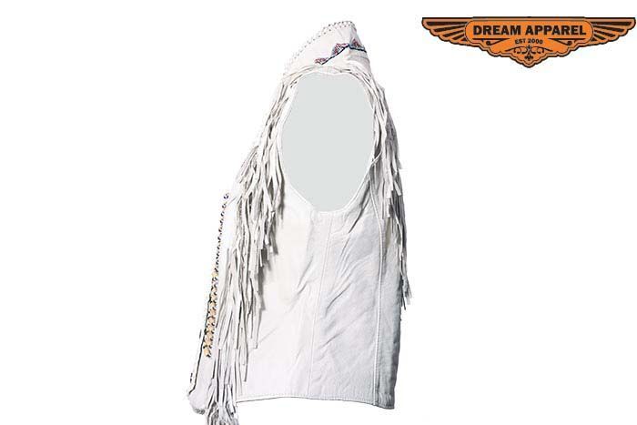Off White Women's Leather Motorcycle Biker Club Vest With Bones & Beads