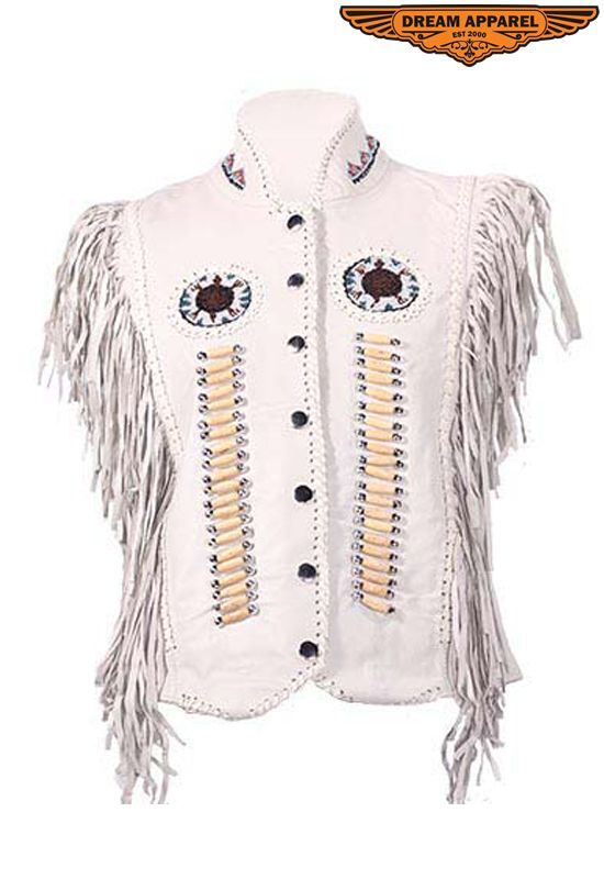Off White Women's Leather Motorcycle Biker Club Vest With Bones & Beads