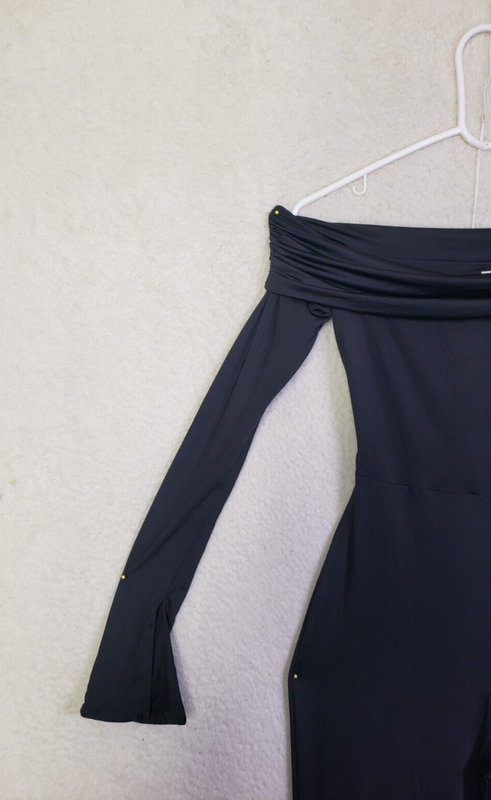 Oh Polly Women Jumpsuit 6 Black Poly Blend Off Shoulder Ruched Slit Leg Pants