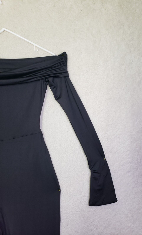Oh Polly Women Jumpsuit 6 Black Poly Blend Off Shoulder Ruched Slit Leg Pants