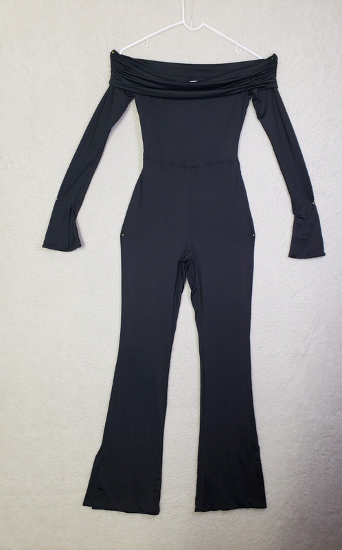Oh Polly Women Jumpsuit 6 Black Poly Blend Off Shoulder Ruched Slit Leg Pants