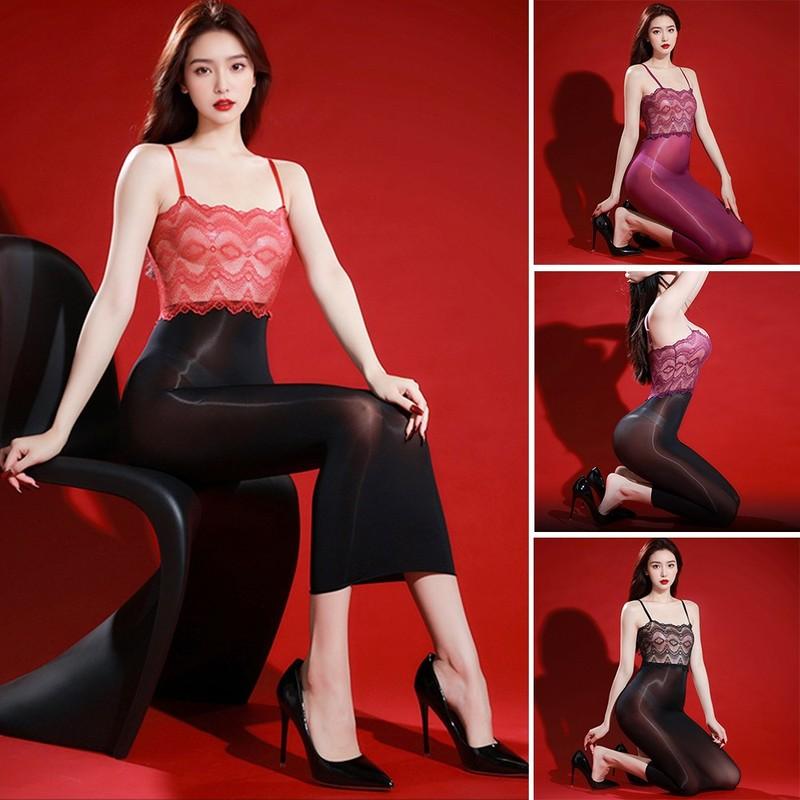 Oil Glossy Shiny Sheer Long Dress Sexy Women's Lace Elastic Bodycon Tights