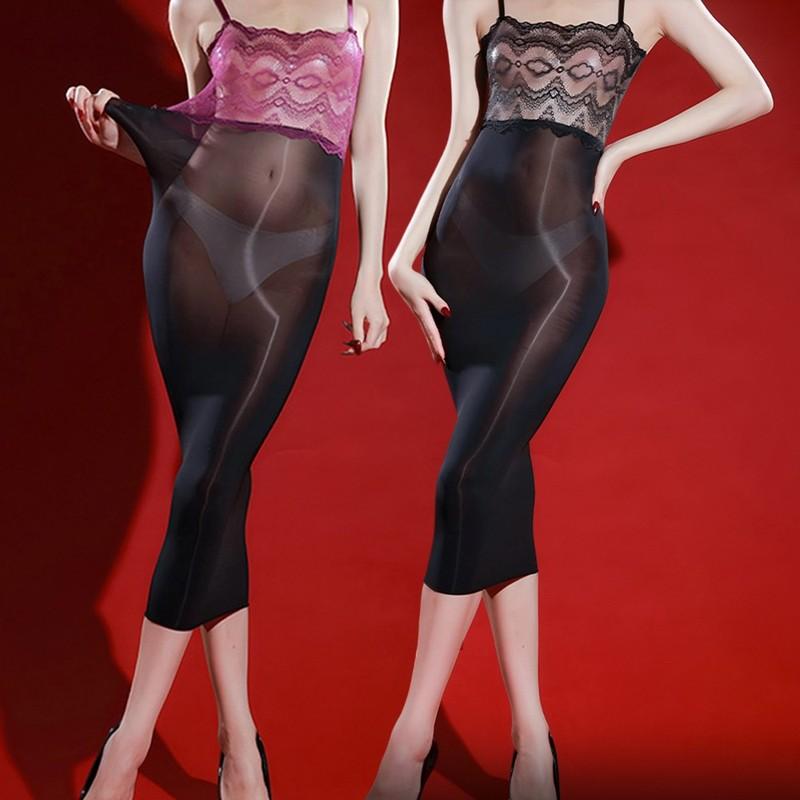 Oil Glossy Shiny Sheer Long Dress Sexy Women's Lace Elastic Bodycon Tights