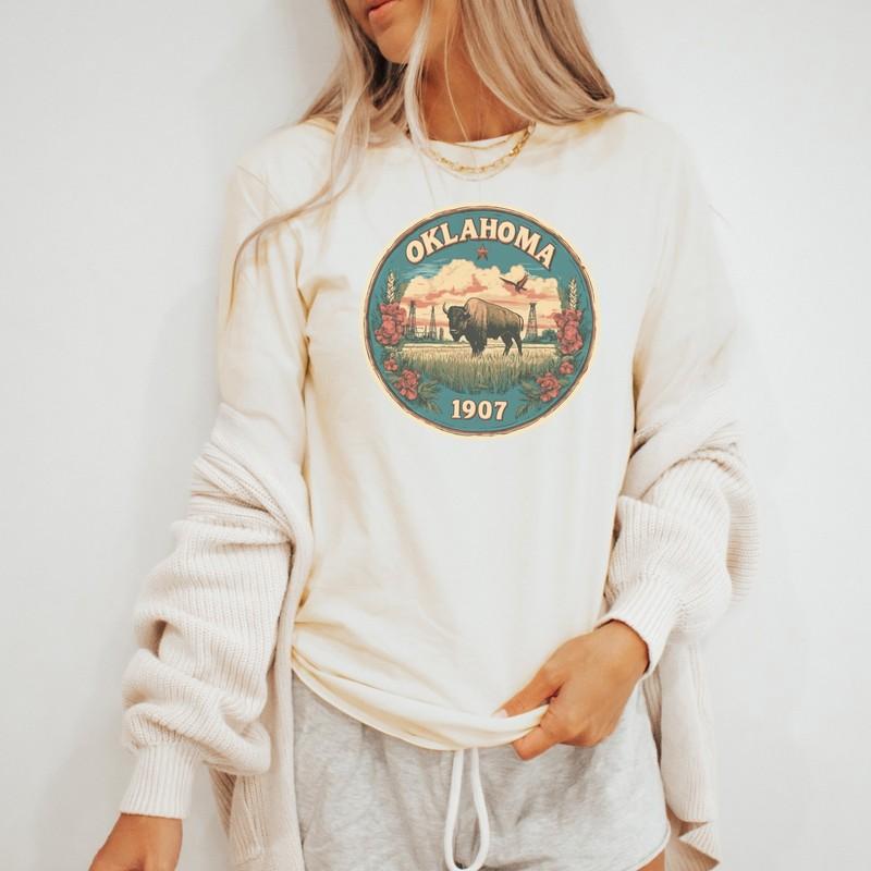 Oklahoma Bison 1907 Graphic Long Sleeve Shirt Western Prairie Art Tee