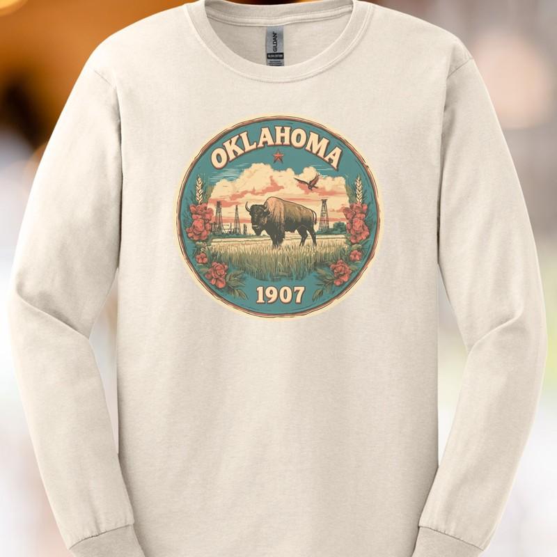 Oklahoma Bison 1907 Graphic Long Sleeve Shirt Western Prairie Art Tee