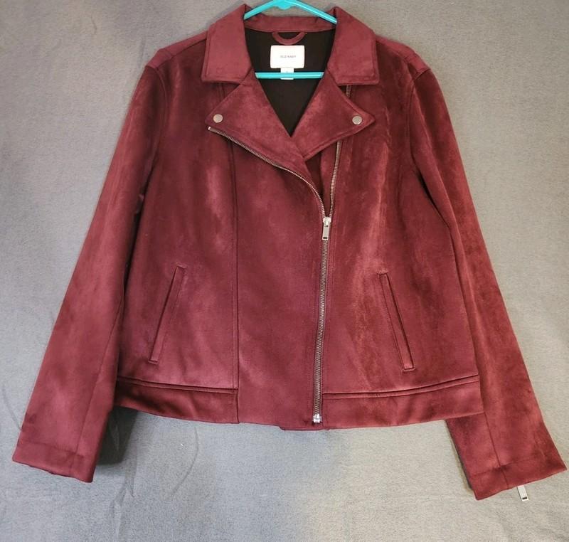 Old Navy Jacket Size XL NWOT Faux Suede Microfiber Moto Biker Burgundy Red Zip