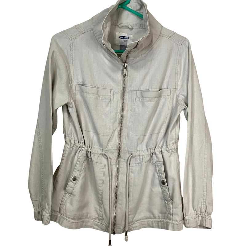 Old Navy Linen Blend Utility Jacket Khaki Zip Front Drawstring Waist Pockets