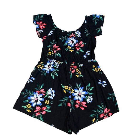 Old Navy Womens XL Short Sleeve Off The Shoulder Romper Black Floral Linen Blend
