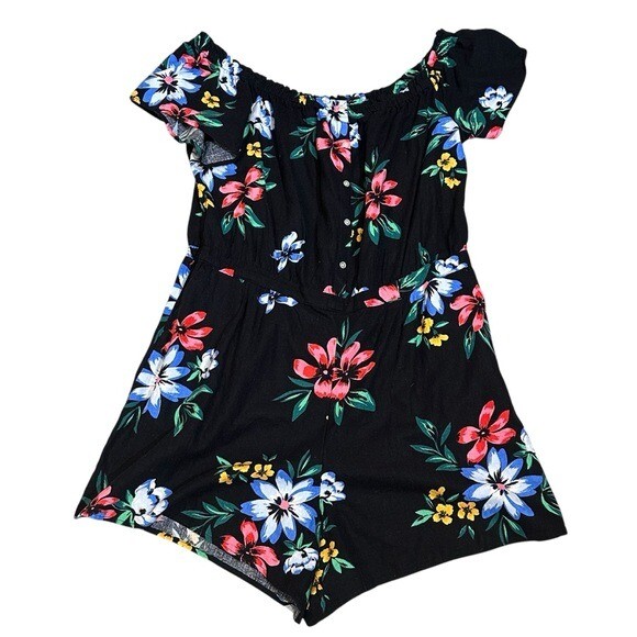 Old Navy Womens XL Short Sleeve Off the Shoulder Romper Black Floral Linen Blend