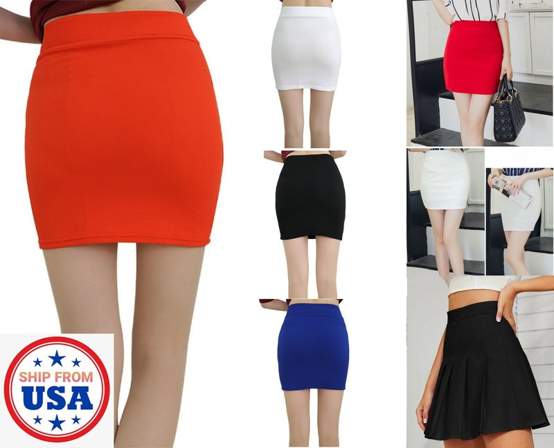 ON SALE Basic Mid Waist Pencil Bodycon Mini Skirt Pleated Stretch Office Dress