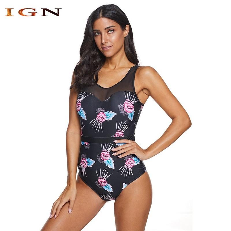 One-Piece Swimsuit Women Girls Sexy Swimwear Women Floral Print Mesh Swimsuit