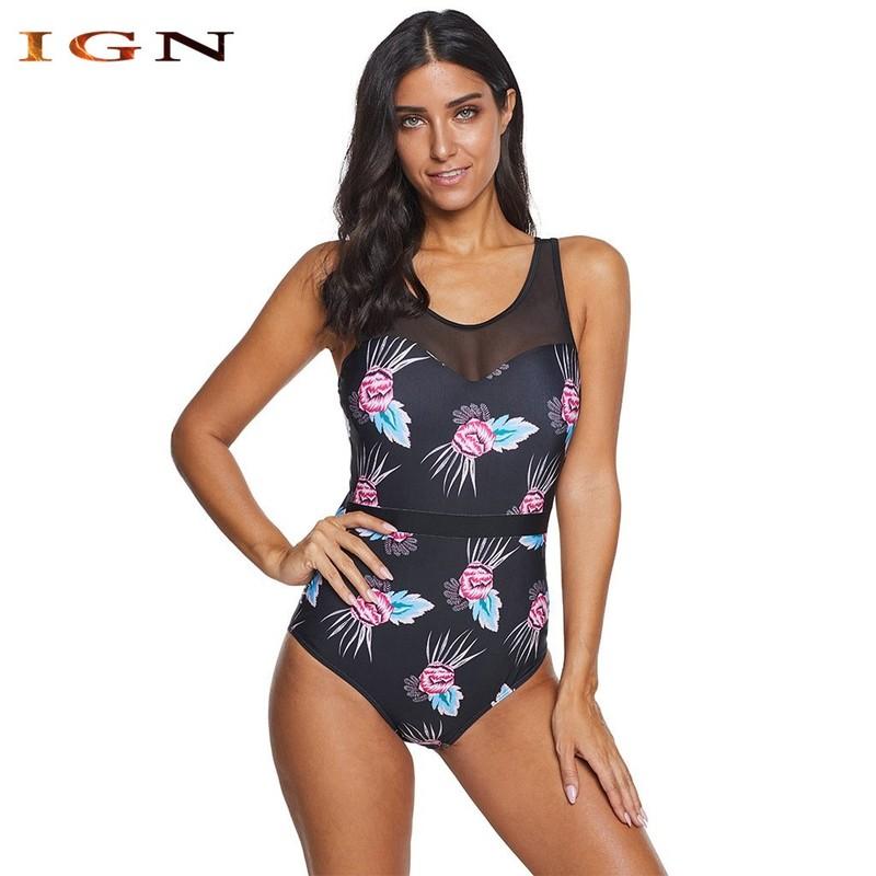 One-Piece Swimsuit Women Girls Sexy Swimwear Women Floral Print Mesh Swimsuit