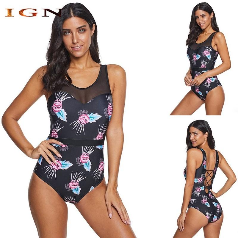 One-Piece Swimsuit Women Girls Sexy Swimwear Women Floral Print Mesh Swimsuit