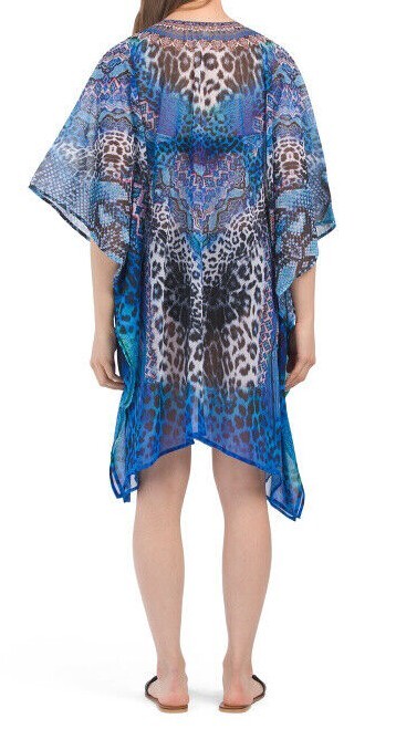 ONE SIZE NEW NWT LA MODA BLUE CAT WILD PRINT CAFTAN DRESS SWIM COVERUP $48