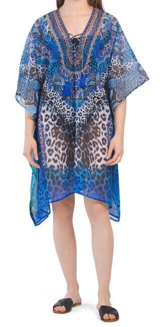 ONE SIZE NEW NWT LA MODA BLUE CAT WILD PRINT CAFTAN DRESS SWIM COVERUP $48
