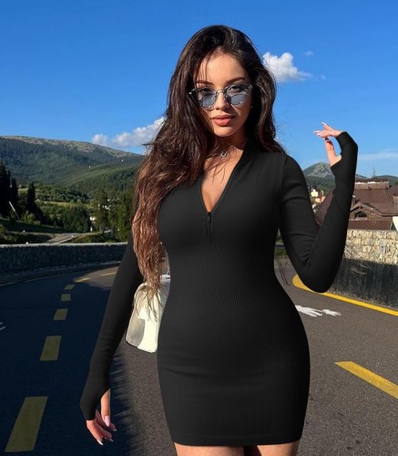 OQQ 2 Piece Dresses Sexy Ribbed Zip Front Mini Dress Black & Beige Large L