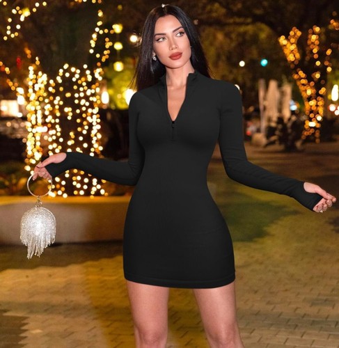 OQQ 2 Piece Dresses Sexy Ribbed Zip Front Mini Dress Black & Beige Large L