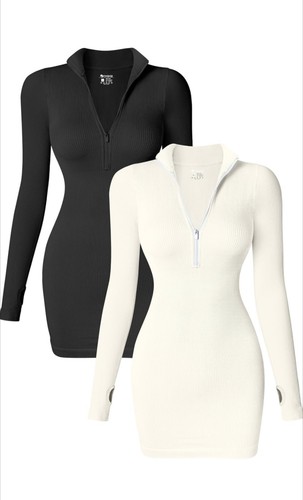 OQQ 2 Piece Dresses Sexy Ribbed Zip Front Mini Dress Black & Beige Large L