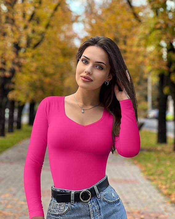 OQQ Women's 2 Pk Bodysuits Sexy Ribbed 1 Pc Sweetheart V Neck Medium Blk/Pink