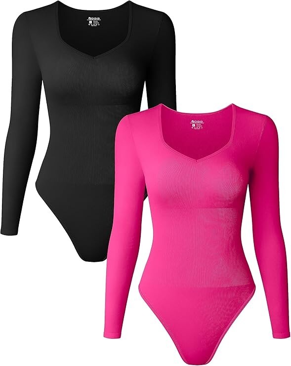 OQQ Women's 2 Pk Bodysuits Sexy Ribbed 1 Pc Sweetheart V Neck Medium Blk/Pink