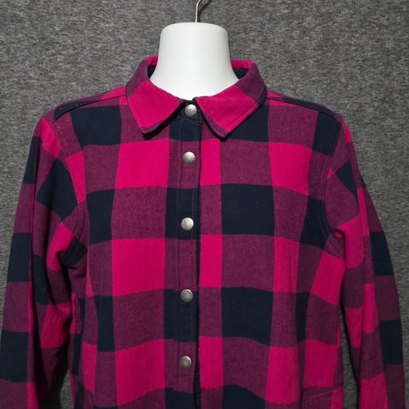 Orvis Fleece Lined Flannel Jacket Womens Large 14-16 Pink Blue Snap Shacket