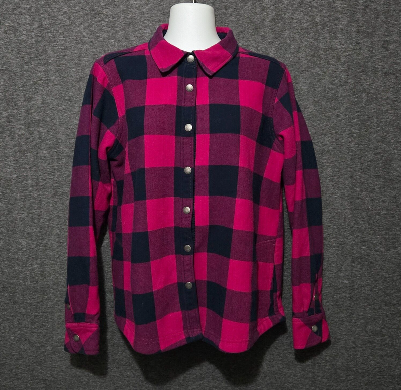 Orvis Fleece Lined Flannel Jacket Womens Large 14-16 Pink Blue Snap Shacket