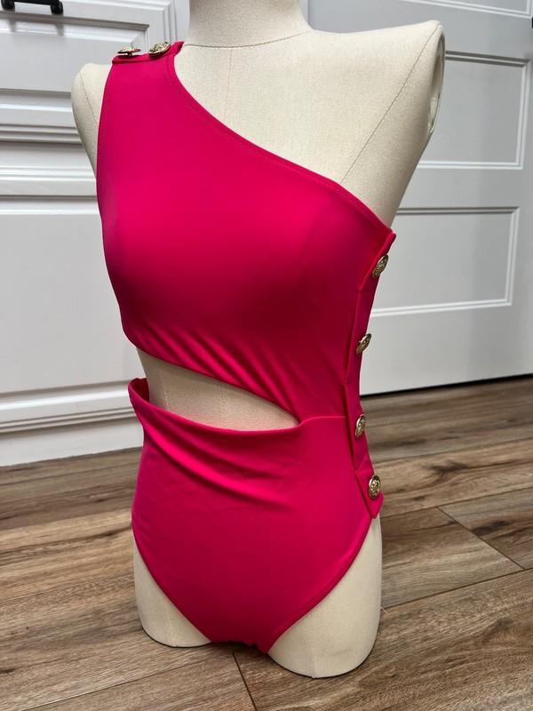 OYE Swimwear Asymmetric Cutout One Piece Swimsuit Lipstick Size M and L MSRP$350