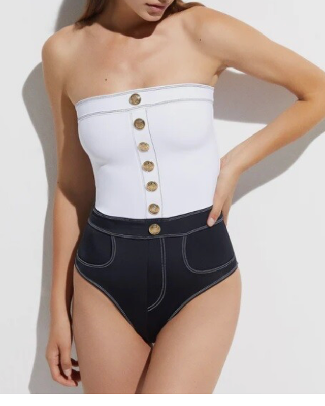 OYE Swimwear WHITE/BLACK Strapless Contrast One Piece Lavatlss MSRP$350