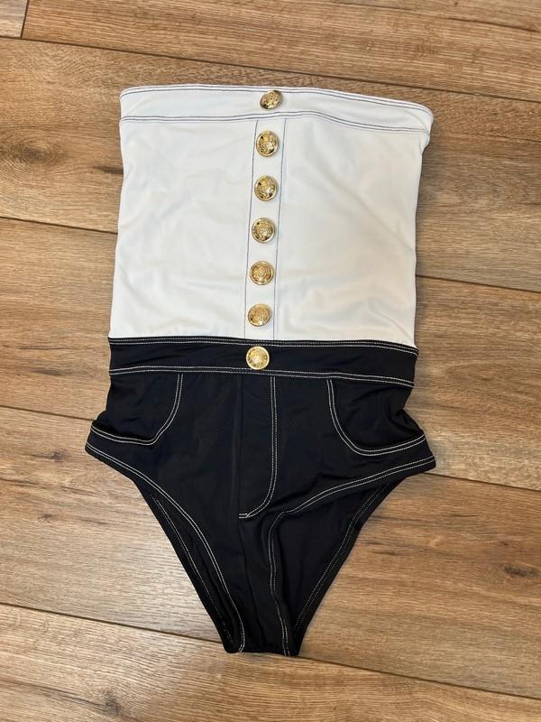 OYE Swimwear WHITE/BLACK Strapless Contrast One Piece Lavatlss MSRP$350