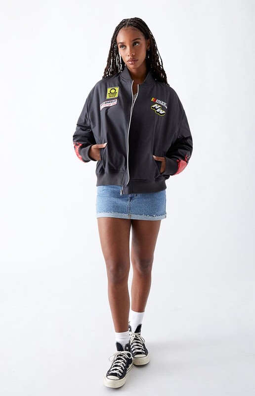 PacSun Hot Wheels Oversized Zip Up Racing Driver Women's Jacket Bomber Gray #040