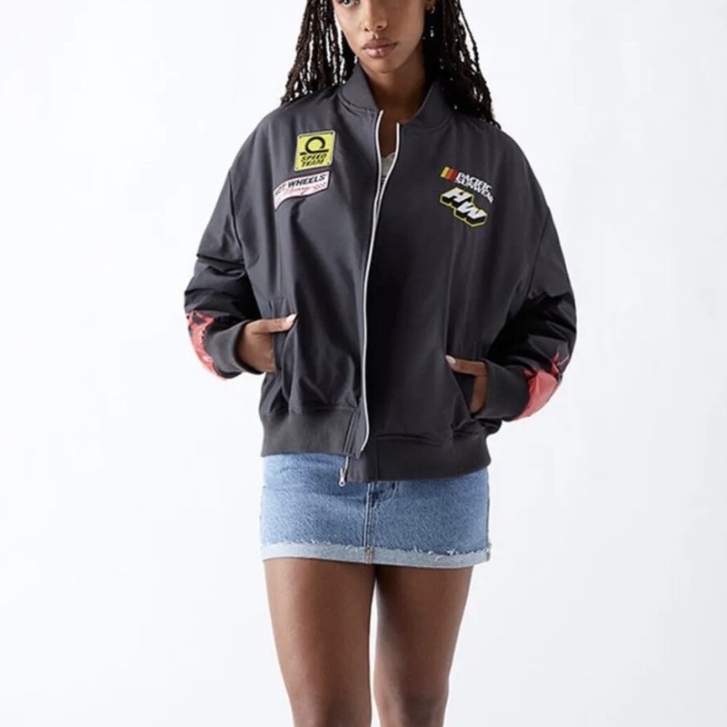 PacSun Hot Wheels Oversized Zip Up Racing Driver Women's Jacket Bomber Gray #040