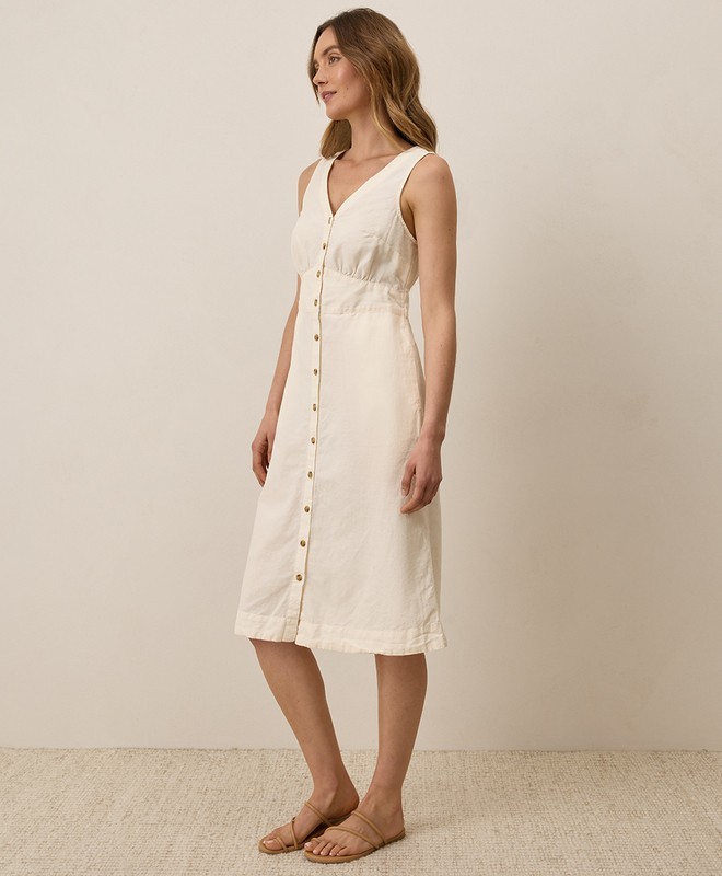 Pact Canopy Linen Blend Button-Front Dress Bone White Medium New $148 Wearpact
