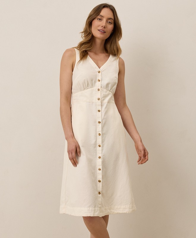 Pact Canopy Linen Blend Button-Front Dress Bone White Medium New $148 Wearpact