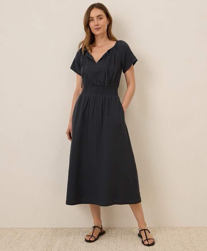 Pact Coastal Double Gauze Boho Midi Dress Black M W9D