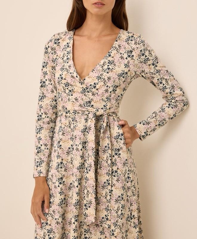 Pact Fit And Flare Wrap Dress W13 $128 MSRP Bouquet Blooms Sandshell M
